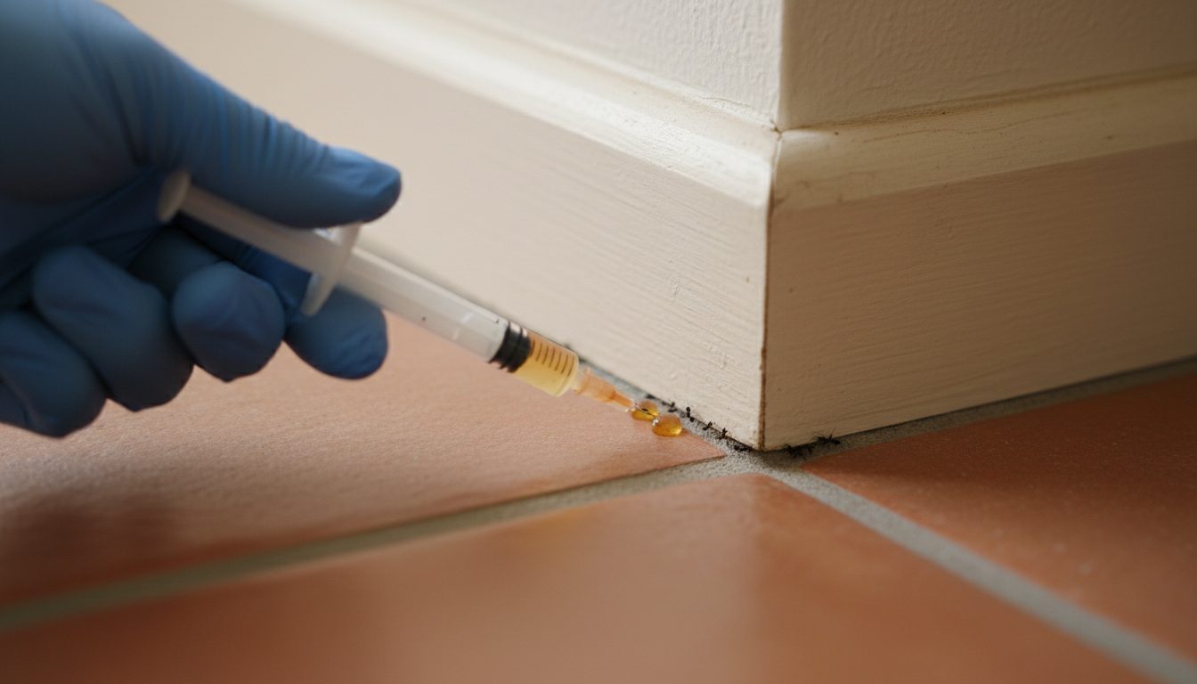 Gel ant bait being applied along a saltillo tile baseboard seam with a thin trail of tiny ants nearby