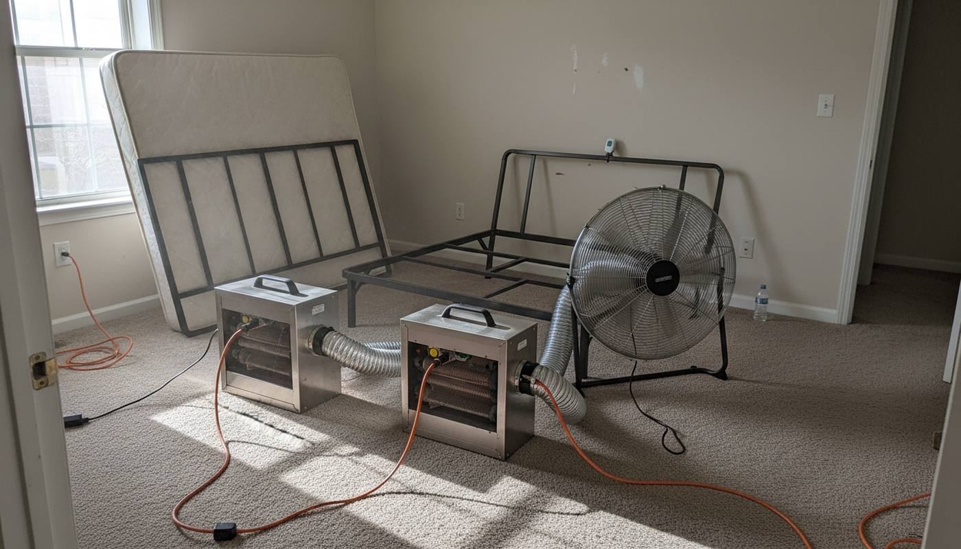 Bed bug heat treatment in progress: industrial heaters and a fan raising the room temperature in a stripped bedroom