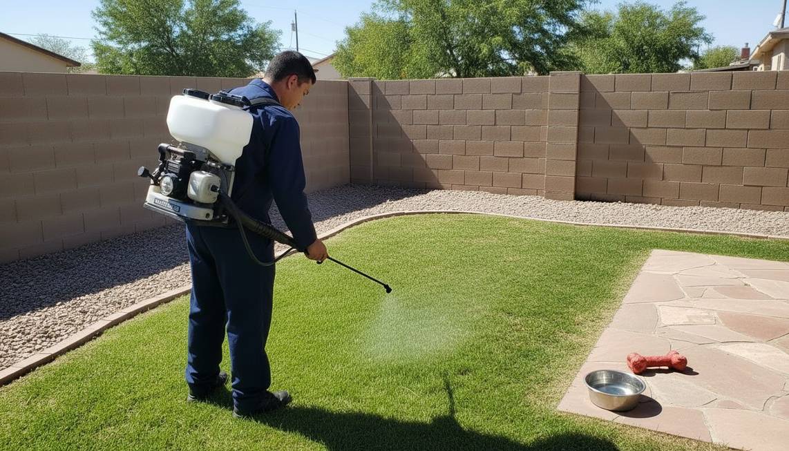Technician treating the lawn edge and patio of an Albuquerque backyard with a backpack sprayer, dog toys set aside on the patio