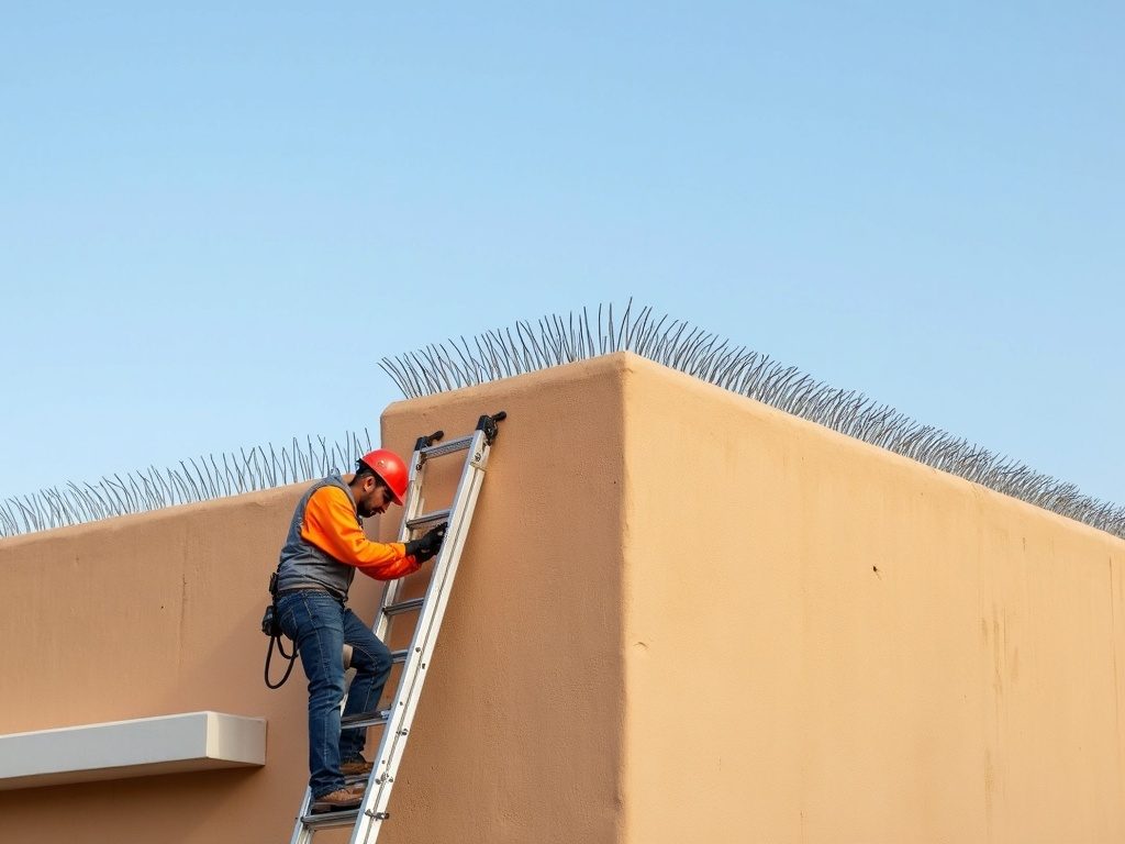 Installer on a ladder fitting stainless bird spikes along the parapet edge of a tan stucco commercial building